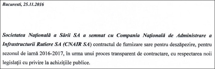 SNS SA a semnat cu CNAIR SA contractul de furnizare sare – 2016-2017